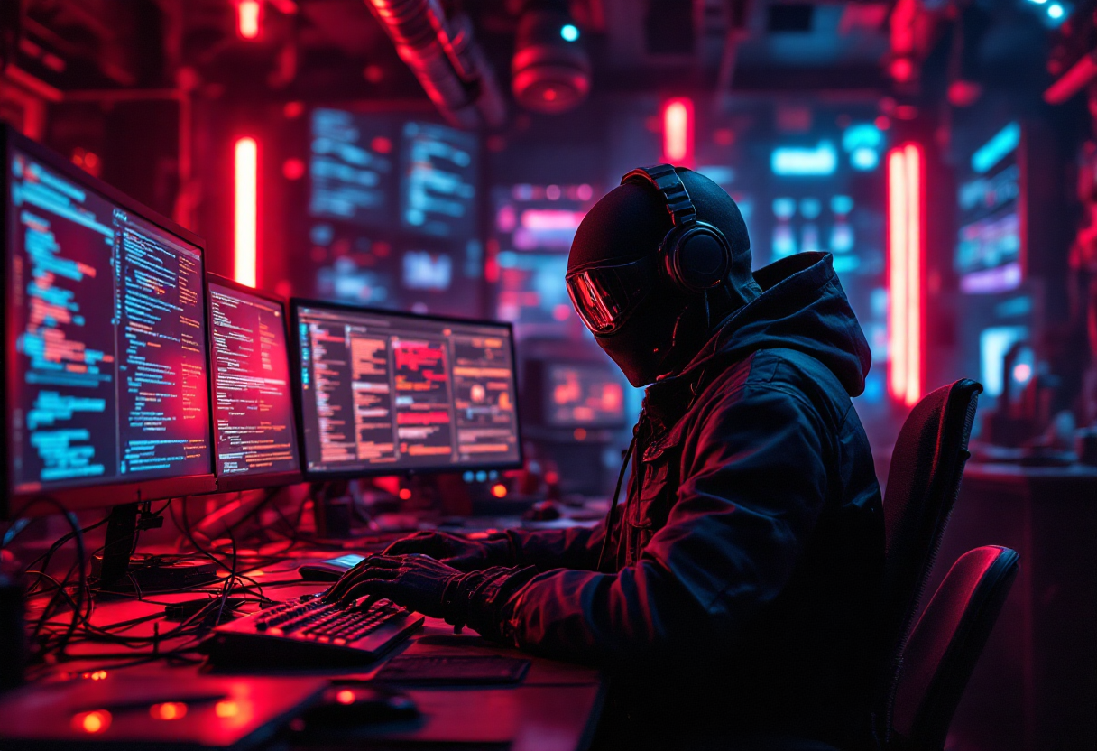 Cyberpunk workspace with red and blue neon lighting