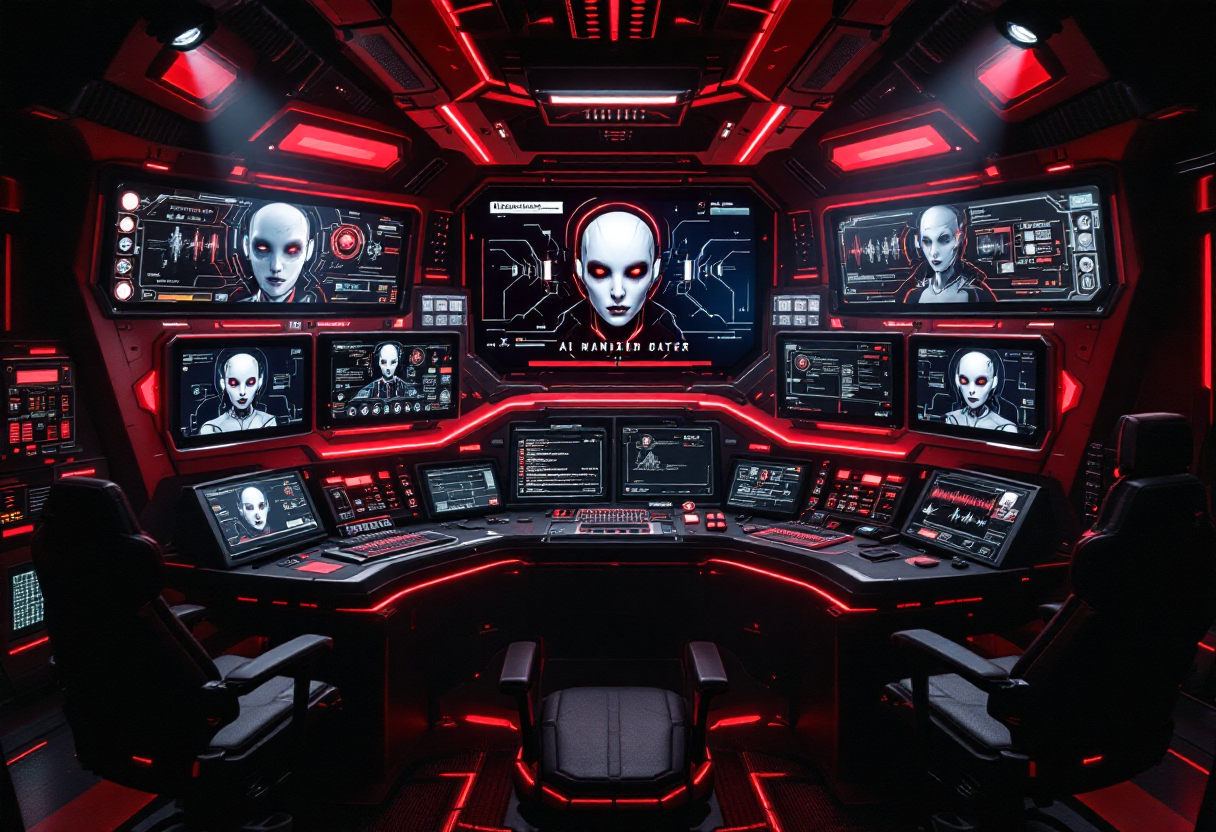 AI Control Room with red neon lighting and multiple screens